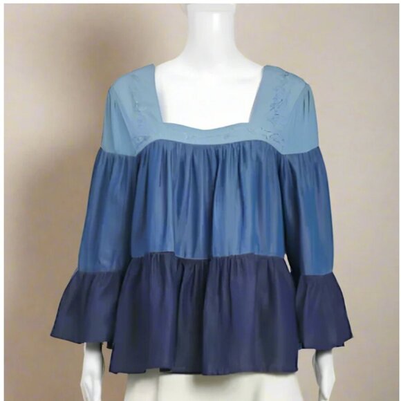 Kate Spade Square Neck Tiered Top Womens Smocked Blue Floral Embroidery Chambray - Picture 3 of 8